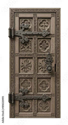 Antique carved gothic wooden door with metal hinges. cutout on transparent background.
