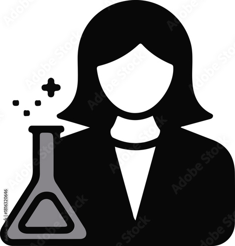 Female scientist icon with laboratory flask, Minimal black-and-white illustration of a woman scientist beside a bubbling laboratory flask, symbolizing research, chemistry, innovation, and scientific 
