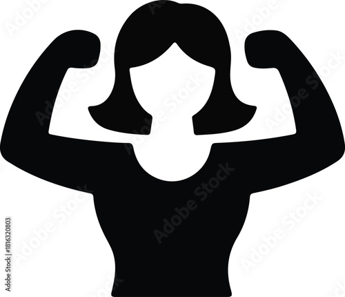 Strong woman flexing arms icon, Bold black silhouette icon of a woman flexing her muscles, symbolizing empowerment, strength, confidence, and fitness for motivational or design use.

