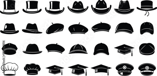 Black hat silhouettes, vector set of diverse headwear icons, caps, berets, cowboy and uniform hats, isolated on white background for fashion accessory design elements.