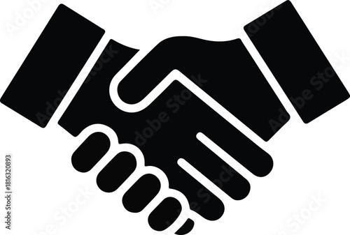 Handshake agreement business partnership icon, Black silhouette icon of two hands shaking, symbolizing agreement, partnership, cooperation, trust, teamwork, and successful business deals.

