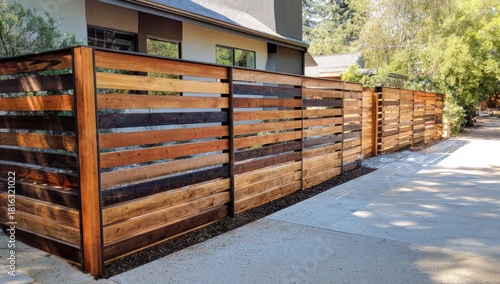 Modern wooden fence bordering a driveway
