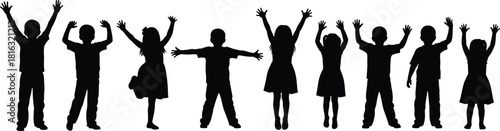 Black silhouettes of happy kids with hands raised, isolated on white background, vector illustration of children playing, jumping boys and girls together.