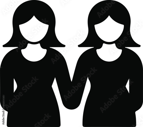 Female friendship icon with two women, Simple black silhouette of two women standing side by side holding hands, symbolizing friendship, unity, support, partnership, and community connections.

