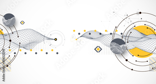 Abstract composition with wireframe wave, dots, and lines. Vector.