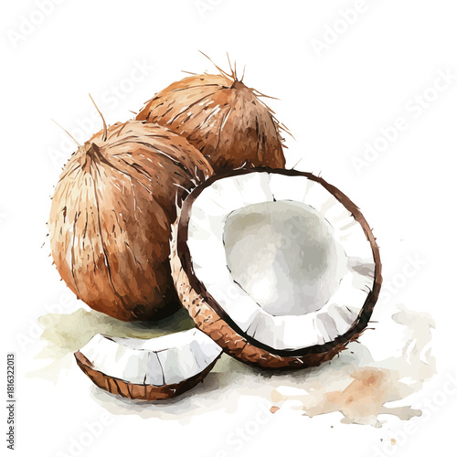 Watercolor_style_painting_of_fresh_coconut_on_a_white_Hand-painted watercolor design, vectorized, painting style, vector set available in EPS, simple design
