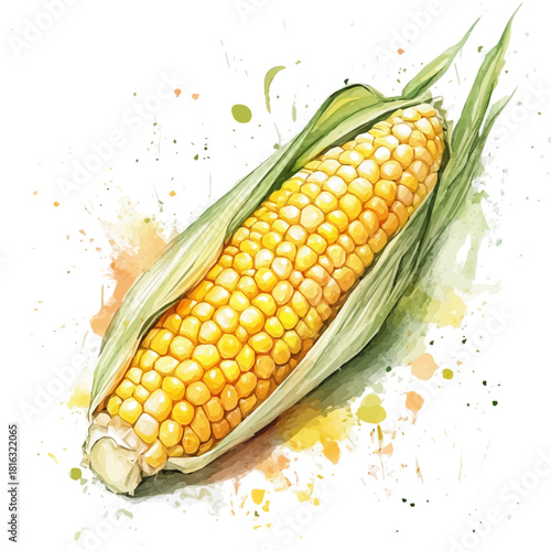 Watercolor_style_painting_of_fresh_corn_on_a_white_Hand-painted watercolor design, vectorized, painting style, vector set available in EPS, simple design