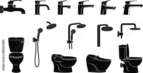 Collection of bathroom fixture silhouettes, vector sanitary icons set, faucets, toilets, showers, isolated plumbing elements for home interior design renovation.