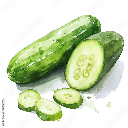 Watercolor_style_painting_of_fresh_cucumber_on_a_white_Hand-painted watercolor design, vectorized, painting style, vector set available in EPS, simple design