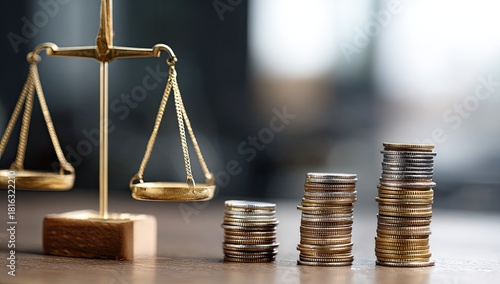 Golden scales and rising stacks of coins on a wooden surface