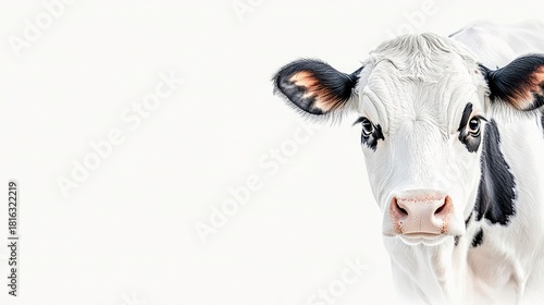 A close-up, head-and-shoulders portrait of a black and white Holstein cow. The cow is facing forward, looking directly at the camera with a gentle expression. I
