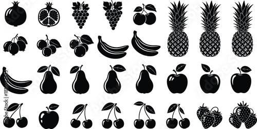 Collection of black fruit silhouettes, vector food icons set, isolated pineapple, apple, banana and berry shapes for graphic design, menu, and healthy organic market logo.