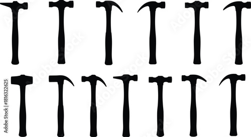 Collection of black hammer silhouettes, vector construction tool icons set, isolated hardware equipment, carpentry and repair shapes for graphic design and industry logo.