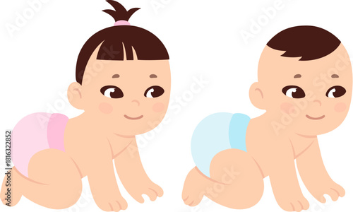 Cute cartoon drawing of Asian baby boy and girl. Diapers in baby gender color. Simple flat vector clip art illustration.