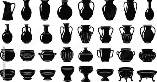Collection of pottery silhouettes, vector ceramic vases, jugs and bowls set, isolated antique vessels for graphic design, logo, and historical museum art.