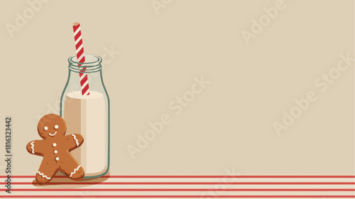 A simple milk bottle with striped straw and gingerbread cookie for Christmas cafe packaging and seasonal beverage branding