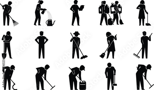 Collection of vector black silhouettes showing people cleaning and gardening, holding brooms, rakes, and shovels, isolated on white background for service design.