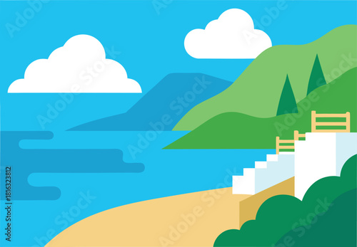 Serene coastal landscape with white bridge green hills and azure sea