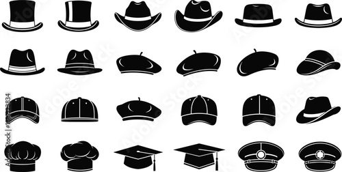 Collection of various hat silhouettes, classic and modern headwear icons, elegant black vector illustration set for fashion, costume design, accessories and style themes