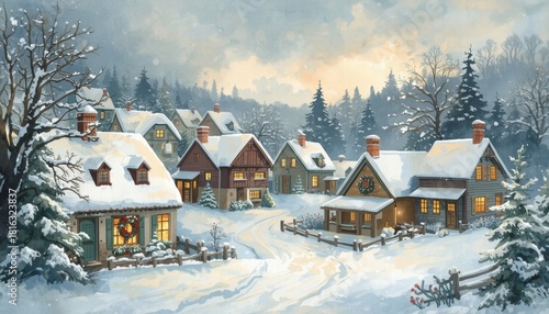 Snowy village with cozy homes and trees during winter evening  
