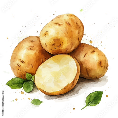 Watercolor_style_painting_of_fresh_potato_on_a_white_Hand-painted watercolor design, vectorized, painting style, vector set available in EPS, simple design