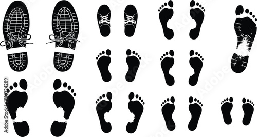 Footprint silhouette set, vector collection of black human bare feet and shoe tracks, isolated steps on white background for walking path design elements.