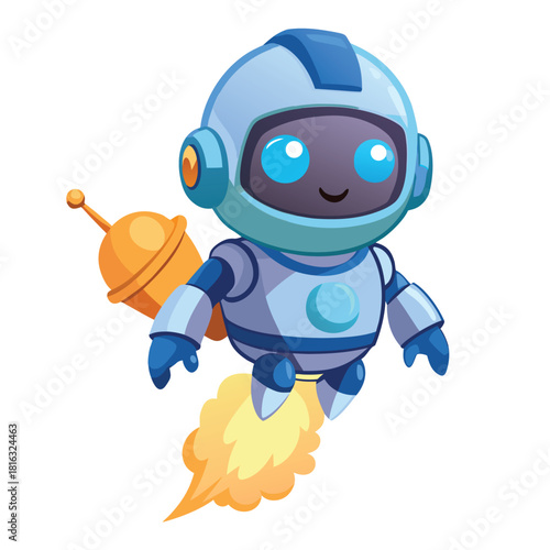 A cute cartoon robot astronaut flies through the air with a jetpack
