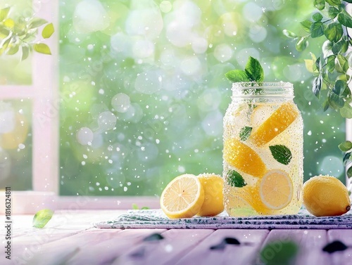 A refreshing glass jar filled with lemonade, sliced lemons, and mint leaves, placed on a wooden table next to a window with a blurred green background. Soft, di