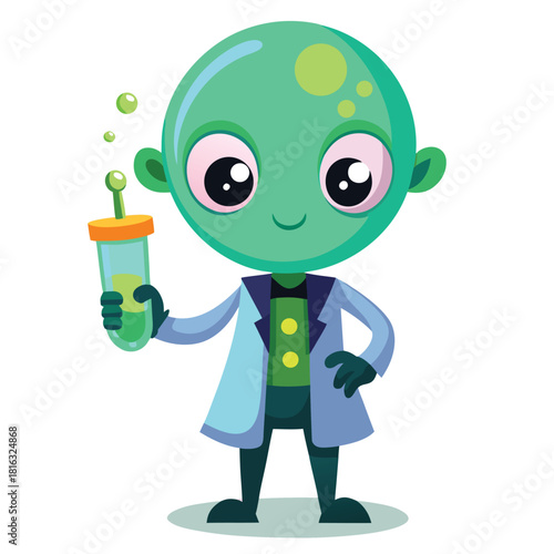 Cute green alien scientist holding a test tube with liquid inside