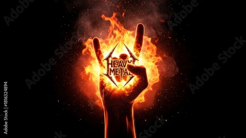 Fiery Heavy Metal Hand Sign with Flames and Logo.