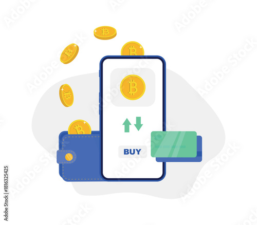 Crypto wallet with mobile smartphone. Cryptocurrency transaction and Mobile banking infographic. Purchasing crypto currency on mobile phone with credit card. Crypto wallet for bitcon