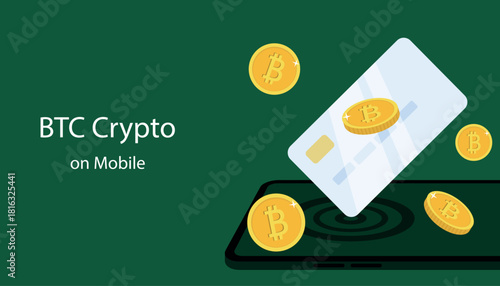 Crypto wallet with mobile smartphone. Cryptocurrency transaction and Mobile banking infographic. Purchasing crypto currency on mobile phone with credit card. Crypto wallet for bitcon