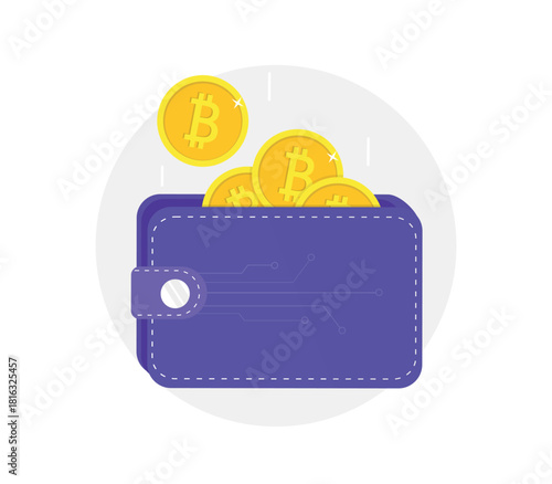Crypto wallet. Digital bitcoin wallet. Violet bitcoin wallet with coins isolated on white background. Vector illustration