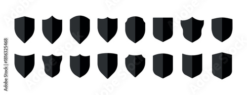 Shield icon set. Security shields logotypes. Badge quality symbol, sign, logo or emblem. Collection of shield icon vector template isolated. Black and white shield silhouette. Vector illustration