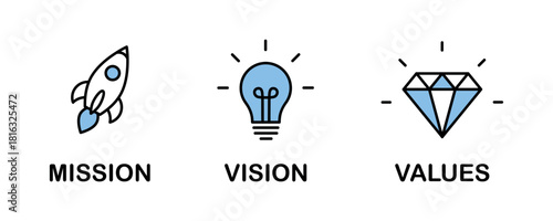 Mission. Vision. Values. Web page template. Modern flat design concept. Purpose business concept. Mission symbol illustration. Success and growth concepts. Business vision presentation