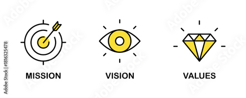 Mission. Vision. Values. Web page template. Modern flat design concept. Purpose business concept. Mission symbol illustration. Success and growth concepts. Business vision presentation