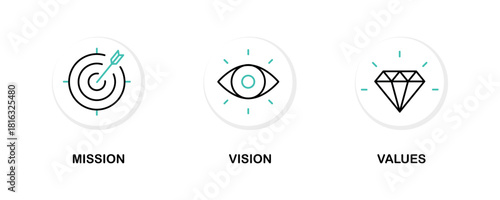 Mission. Vision. Values. Web page template. Modern flat design concept. Purpose business concept. Mission symbol illustration. Success and growth concepts. Business vision presentation