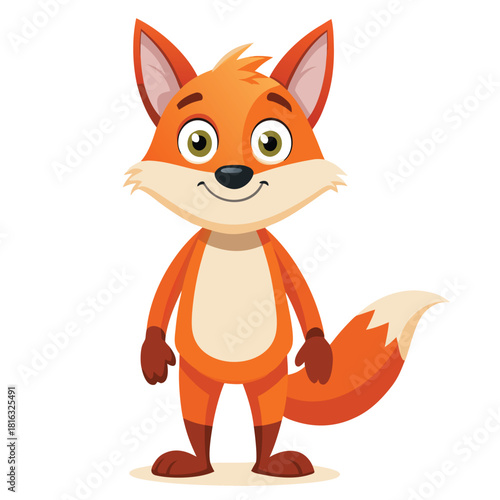 A cheerful cartoon fox stands with a friendly smile and bright eyes