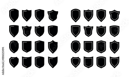 Shield icon set. Security shields logotypes. Badge quality symbol, sign, logo or emblem. Collection of shield icon vector template isolated. Black and white shield silhouette. Vector illustration