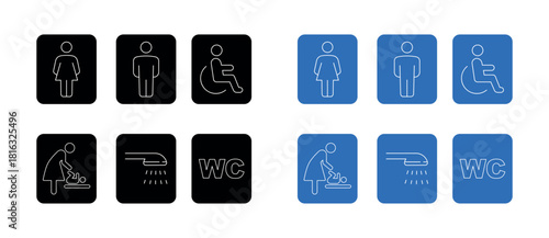 Washroom symbols collection. Public toilet icon set male and female, physically handicapped, baby seat, shower. Sign of washroom for male, female and children
