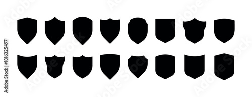 Shield icon set. Security shields logotypes. Badge quality symbol, sign, logo or emblem. Collection of shield icon vector template isolated. Black and white shield silhouette. Vector illustration