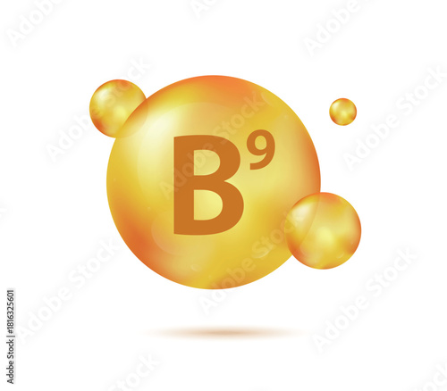 Vitamin B9 gold capsule. Pill capcule vector illustration isolated on white background. Nutrition skin care. Beauty and health vector concept. Folic acid vitamin drop pill capsule