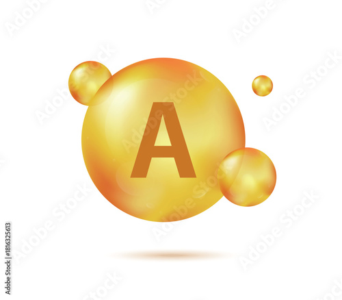 Vitamin A gold capsule. Pill capcule vector illustration isolated on white background. Nutrition skin care. Beauty and health vector concept. Retinol vitamin drop pill capsule.