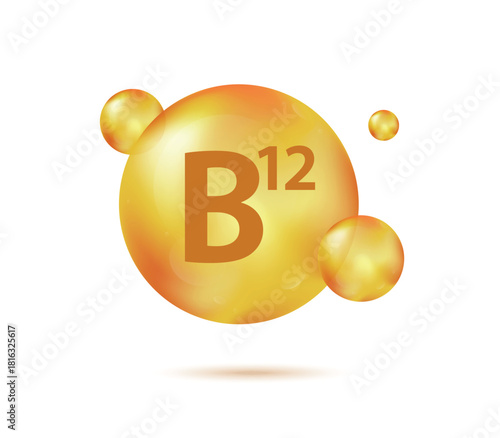 Vitamin B12 gold capsule. Pill capcule vector illustration isolated on white background. Nutrition skin care. Beauty and health vector concept. Cobalamin vitamin drop pill capsule