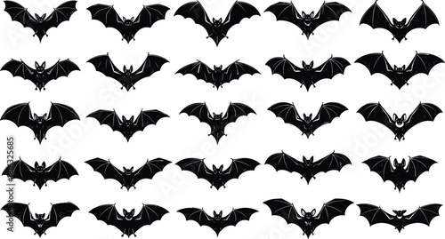 Set of black flying bat silhouettes isolated on white background, Halloween vector illustration collection for scary design, spooky night vampire symbols, creepy horror graphic icons.