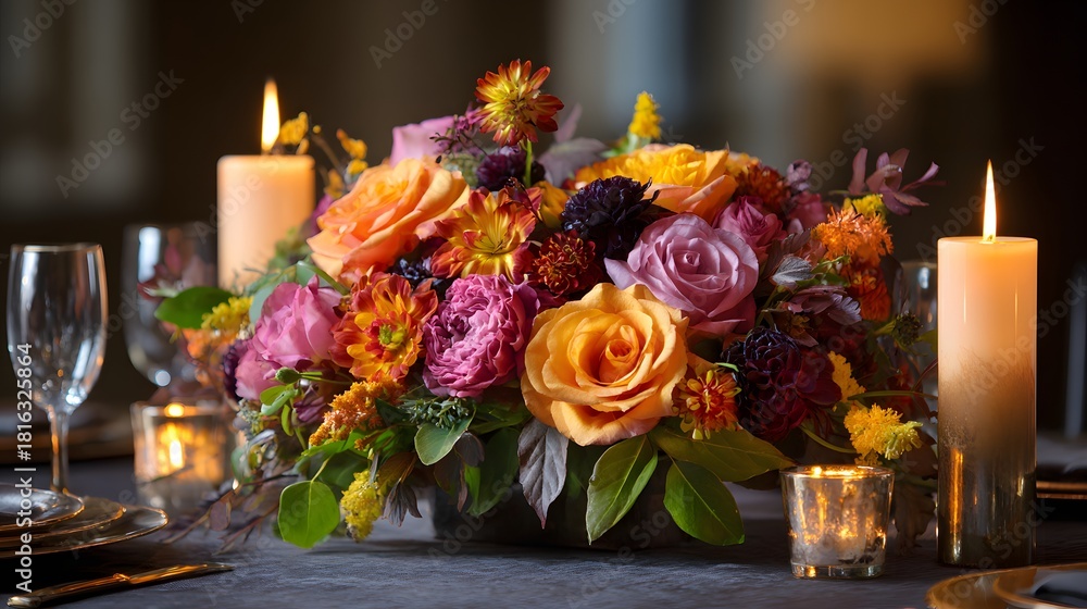 Obraz premium Elegant floral centerpiece with romantic candlelight on a formal dinner table.
