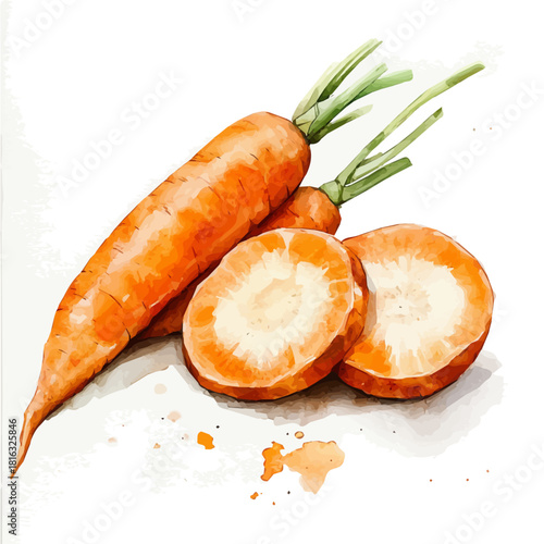Watercolor_style_painting_of_sliced_carrot_on_a_white_Simple Hand-painted watercolor style, vectorized, painting style, vector set available in EPS