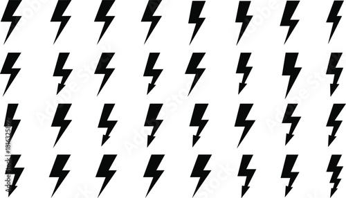 Set of black lightning bolt icons isolated on white background, vector thunder illustration for electric power design, energy symbols, high voltage flash shapes.