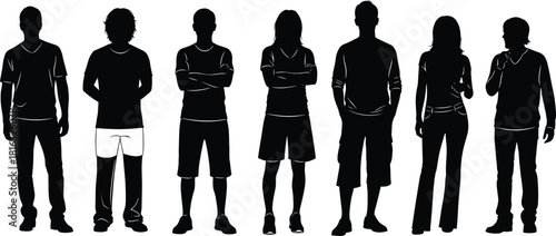 Set of black people silhouettes standing in a row, vector illustration of young men and women, casual poses isolated on white background.