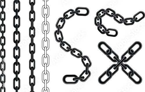 Set of black metal chain silhouettes, vector iron links collection, isolated vertical and curved shapes for industrial graphic design, security, and hardware.